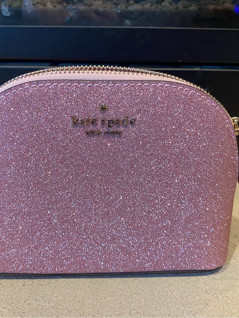 kate spade Pink Glitter Dome Cosmetic Case with Gold Hardware